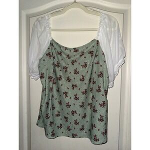 Floral Eyelet Puff Sleeve Blouse Sage Green Mesh Contrast Top 2XL BLT3643E